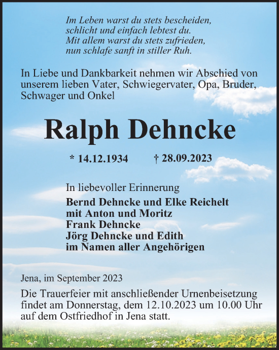 Traueranzeige von Ralph Dehncke von Ostthüringer Zeitung, Thüringische Landeszeitung