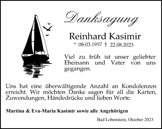 Traueranzeige von Reinhard Kasimir von Ostthüringer Zeitung