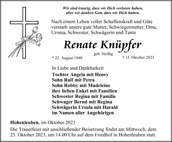 Traueranzeige von Renate Knüpfer von Ostthüringer Zeitung