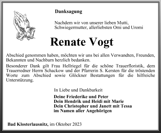 Traueranzeige von Renate Vogt von Ostthüringer Zeitung