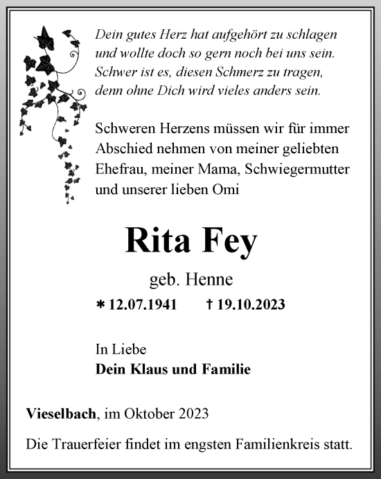 Traueranzeige von Rita Fey von Thüringer Allgemeine, Thüringische Landeszeitung