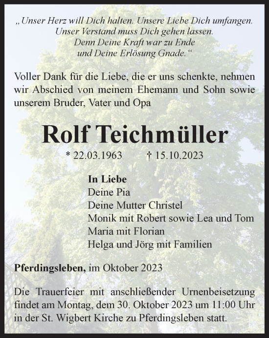 Traueranzeige von Rolf Teichmüller von Thüringer Allgemeine, Thüringische Landeszeitung