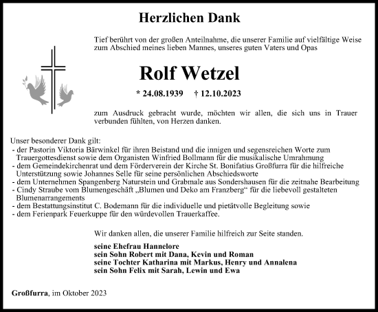 Traueranzeige von Rolf Wetzel