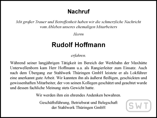 Traueranzeige von Rudolf Hoffmann von Ostthüringer Zeitung
