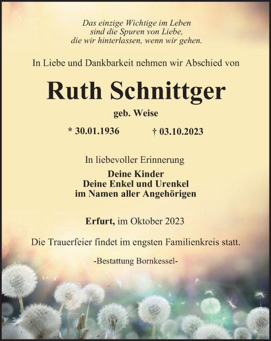 Traueranzeige von Ruth Schnittger
