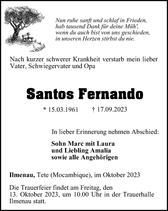 Traueranzeige von Santos Fernando von Thüringer Allgemeine