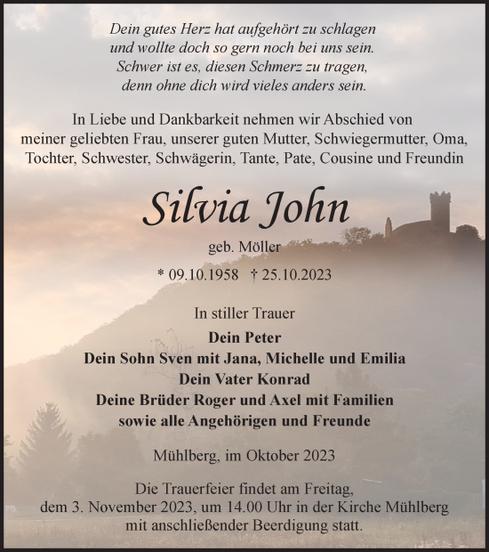 Traueranzeige von Silvia John von Thüringer Allgemeine, Thüringische Landeszeitung
