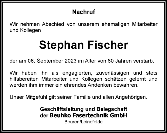 Traueranzeige von Stephan Fischer von Thüringer Allgemeine
