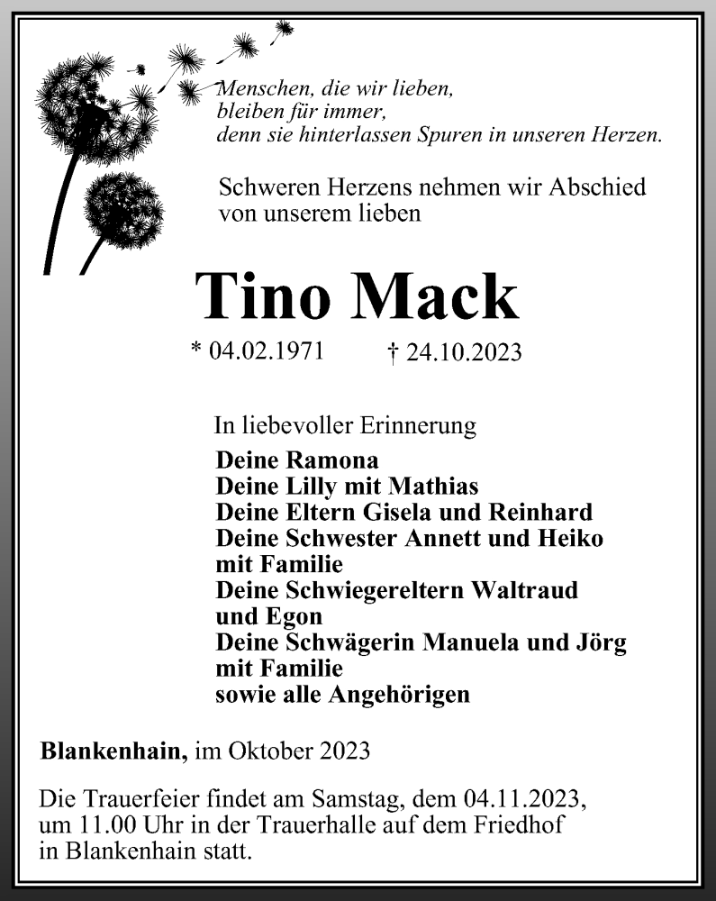  Traueranzeige für Tino Mack vom 28.10.2023 aus Thüringer Allgemeine, Thüringische Landeszeitung