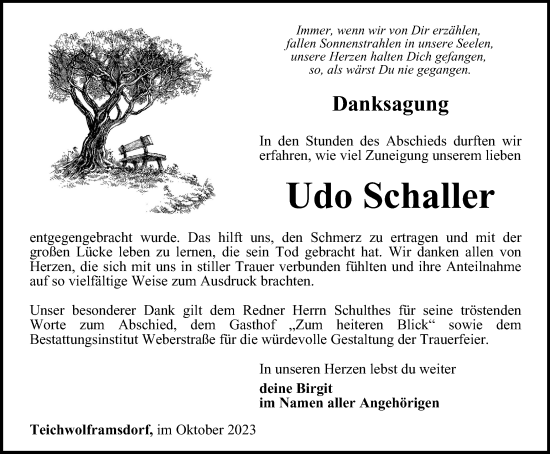 Traueranzeige von Udo Schaller von Ostthüringer Zeitung