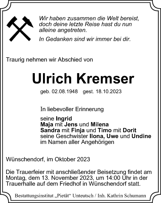 Traueranzeige von Ulrich Kremser von Ostthüringer Zeitung