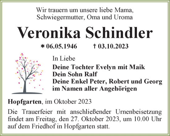 Traueranzeige von Veronika Schindler von Thüringer Allgemeine, Thüringische Landeszeitung