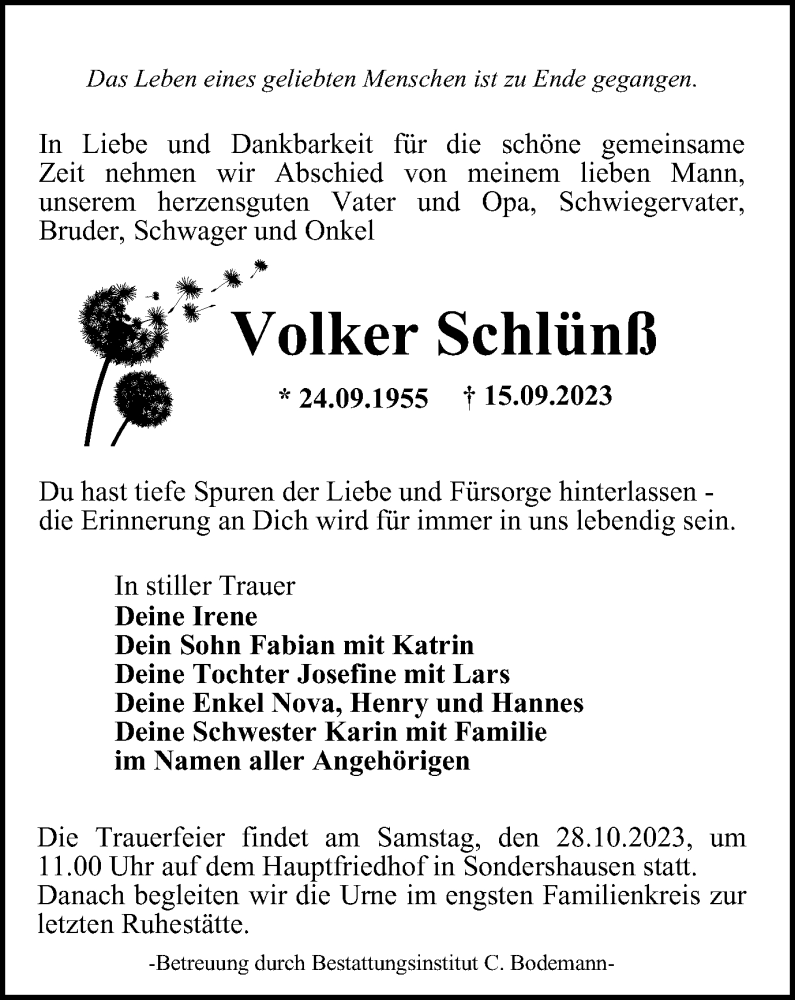  Traueranzeige für Volker Schlünß vom 07.10.2023 aus Thüringer Allgemeine