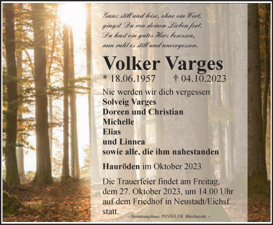 Traueranzeige von Volker Varges von Thüringer Allgemeine
