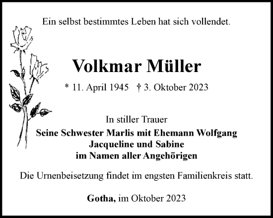 Traueranzeige von Volkmar Müller von Thüringer Allgemeine, Thüringische Landeszeitung