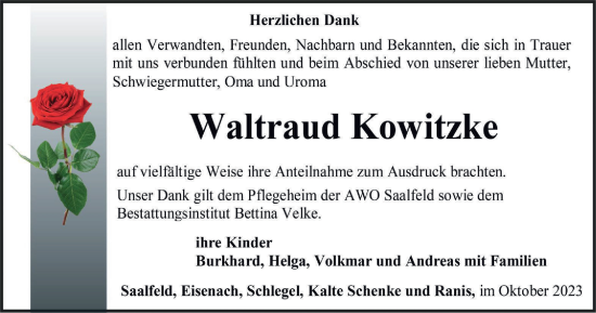 Traueranzeige von Waltraud Kowitzke von Ostthüringer Zeitung