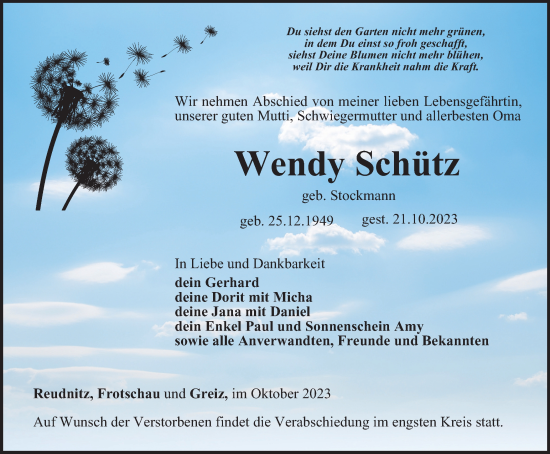 Traueranzeige von Wendy Schütz