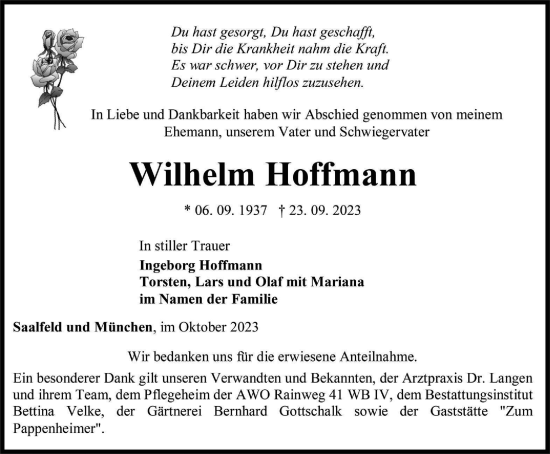 Traueranzeige von Wilhelm Hoffmann von Ostthüringer Zeitung