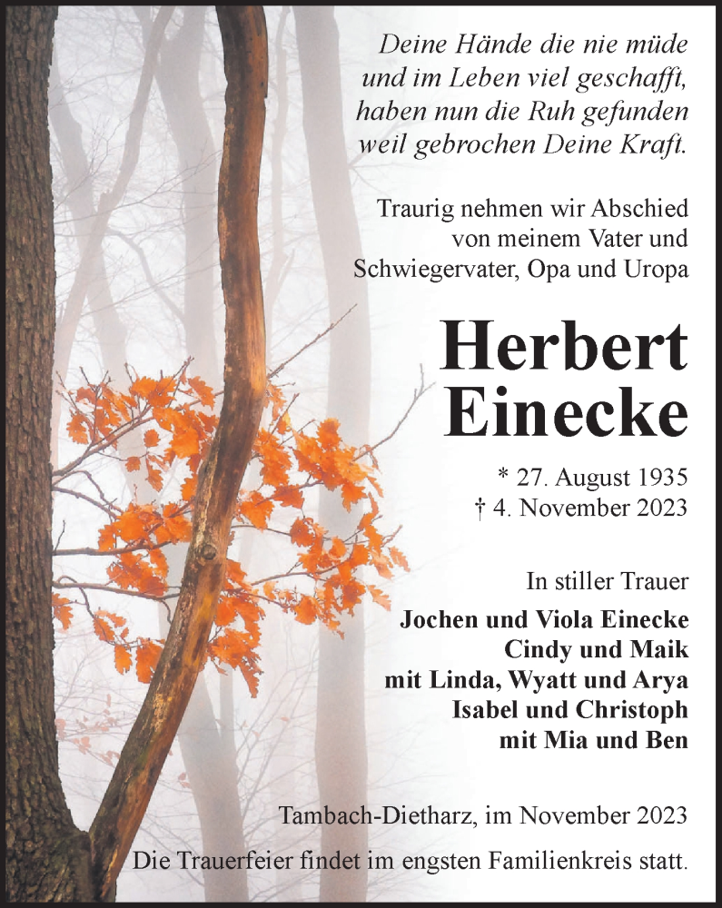  Traueranzeige für Herbert Einecke vom 25.11.2023 aus TA, TLZ