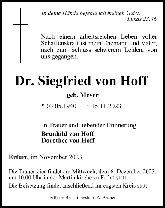 Traueranzeige von Siegfried von Hoff von TA, TLZ