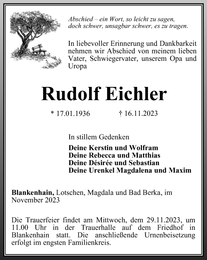  Traueranzeige für Eichler Rudolf  vom 25.11.2023 aus 