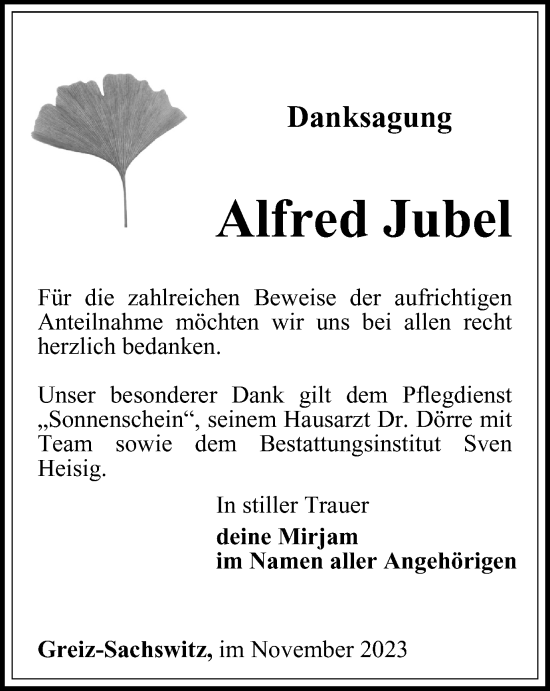 Traueranzeige von Alfred Jubel