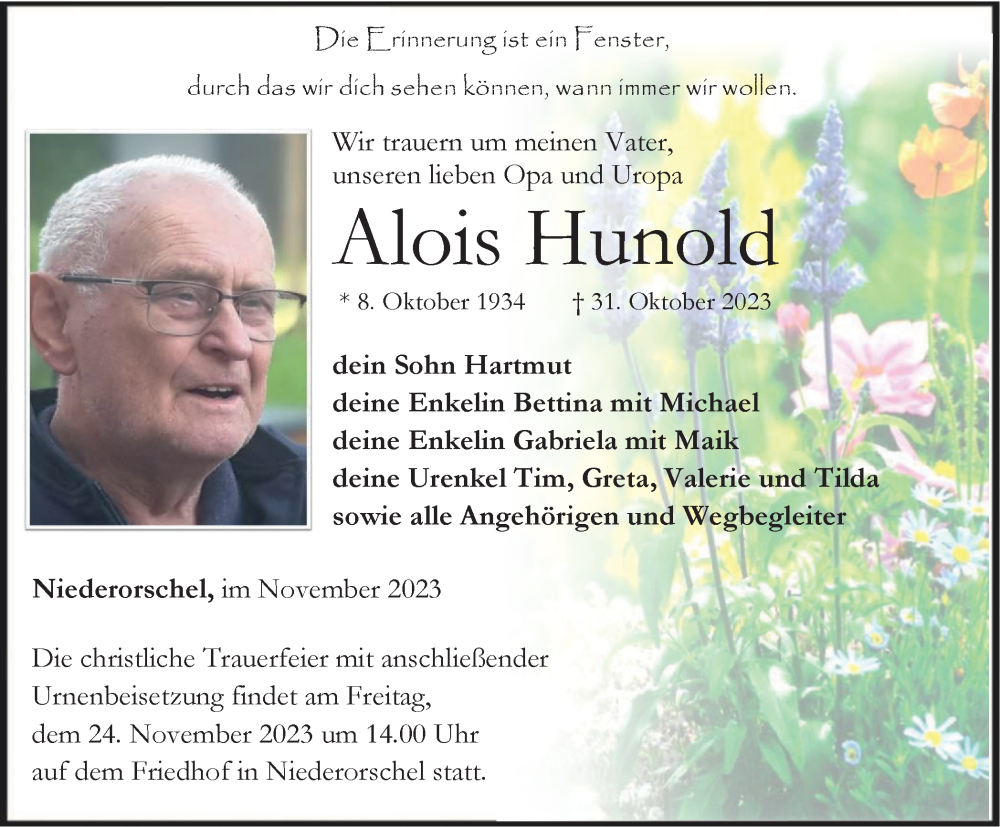 Traueranzeige für Alois Hunold vom 21.11.2023 aus Thüringer Allgemeine