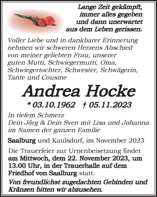 Traueranzeige von Andrea Hocke von Ostthüringer Zeitung