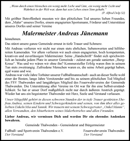 Traueranzeige von Andreas Jünemann von Thüringer Allgemeine