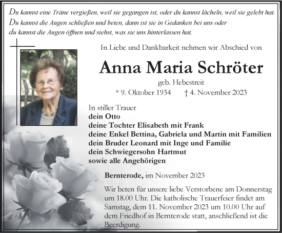 Traueranzeige von Anna Maria Schröter von Thüringer Allgemeine