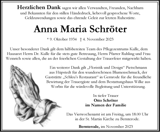 Traueranzeige von Anna Maria Schröter von Thüringer Allgemeine