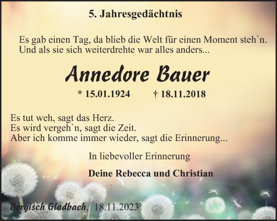 Traueranzeige von Annedore Bauer von Thüringer Allgemeine, Thüringische Landeszeitung