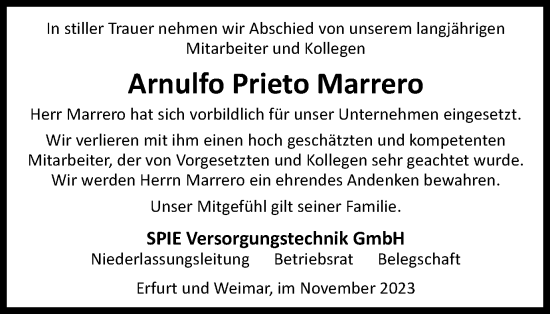 Traueranzeige von Arnulfo Prieto Marrero von Thüringer Allgemeine, Thüringische Landeszeitung