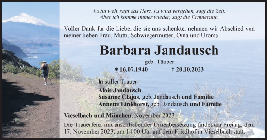 Traueranzeige von Barbara Jandausch von Thüringer Allgemeine, Thüringische Landeszeitung