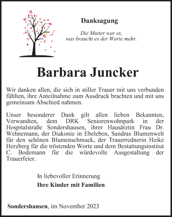 Traueranzeige von Barbara Juncker