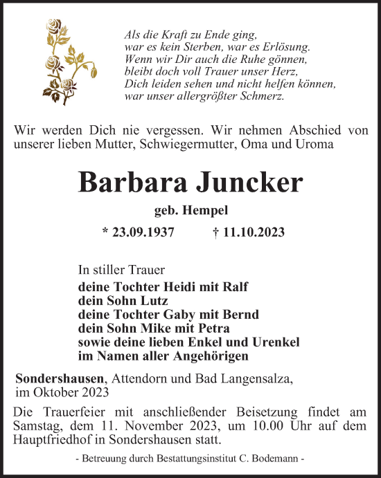 Traueranzeige von Barbara Juncker