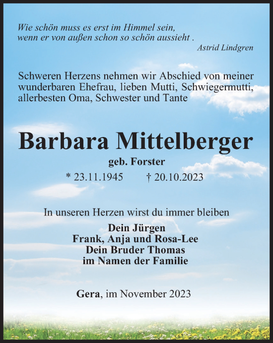 Traueranzeige von Barbara Mittelberger von Ostthüringer Zeitung