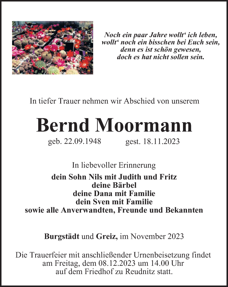  Traueranzeige für Bernd Moormann vom 25.11.2023 aus Ostthüringer Zeitung