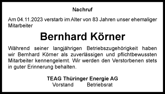 Traueranzeige von Bernhard Körner von Thüringer Allgemeine