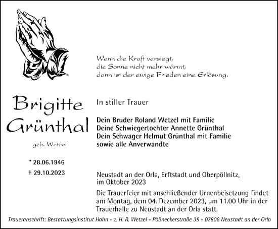 Traueranzeige von Brigitte Grünthal von Ostthüringer Zeitung