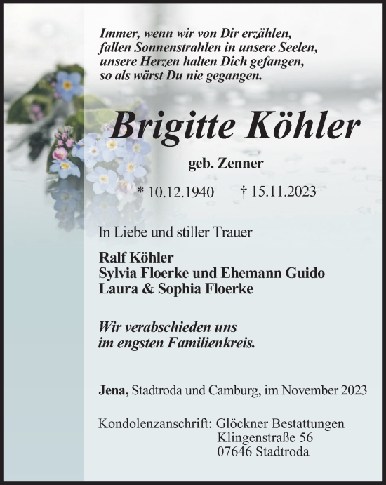 Traueranzeige von Brigitte Köhler von Ostthüringer Zeitung, Thüringische Landeszeitung