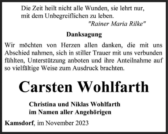 Traueranzeige von Carsten Wohlfarth von Ostthüringer Zeitung