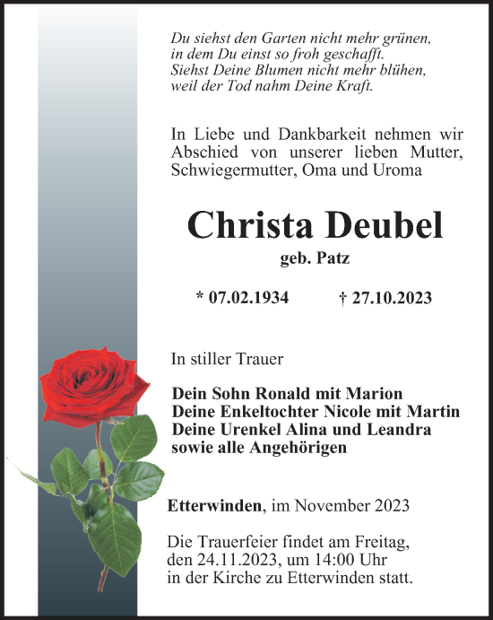 Traueranzeige von Christa Deubel von Thüringer Allgemeine, Thüringische Landeszeitung