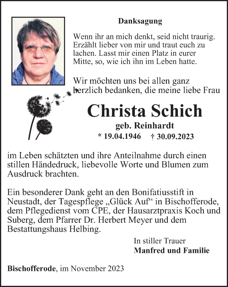 Traueranzeigen von Christa Schich | trauer-in-thueringen.de