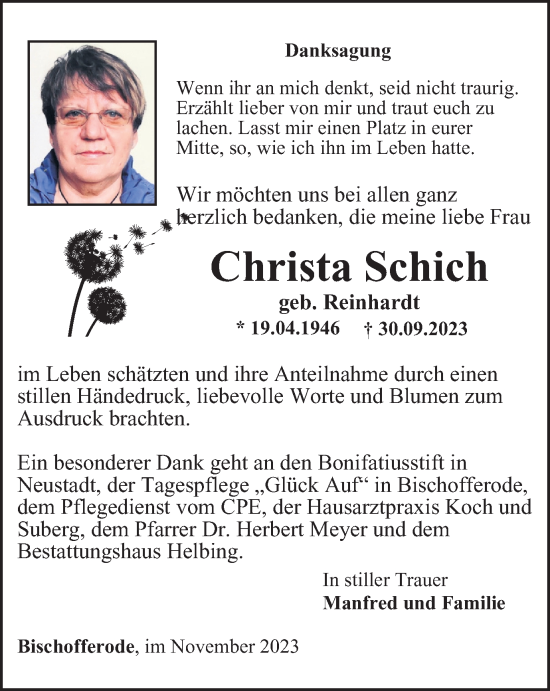 Traueranzeige von Christa Schich von Thüringer Allgemeine