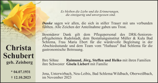 Traueranzeige von Christa Schubert von Ostthüringer Zeitung