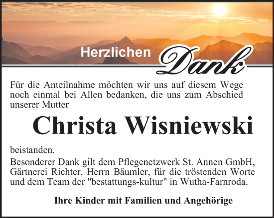 Traueranzeige von Christa Wisniewski von Thüringer Allgemeine, Thüringische Landeszeitung