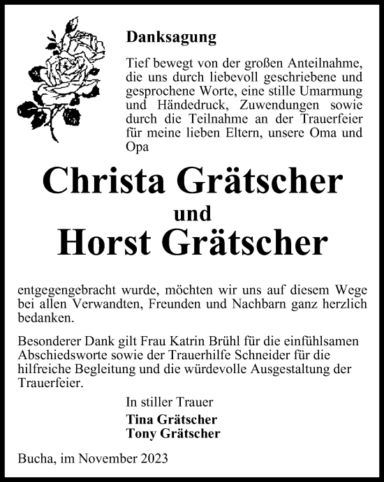 Traueranzeige von Christa und Horst Grätscher von Ostthüringer Zeitung, Thüringische Landeszeitung