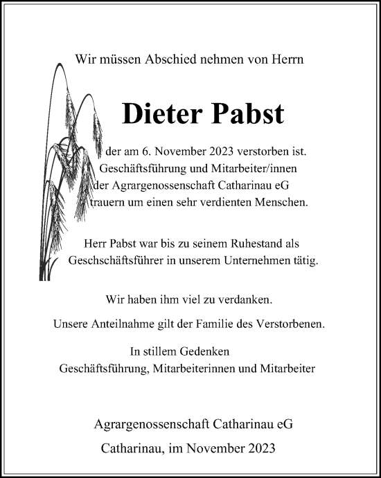 Traueranzeige von Dieter Pabst von Ostthüringer Zeitung