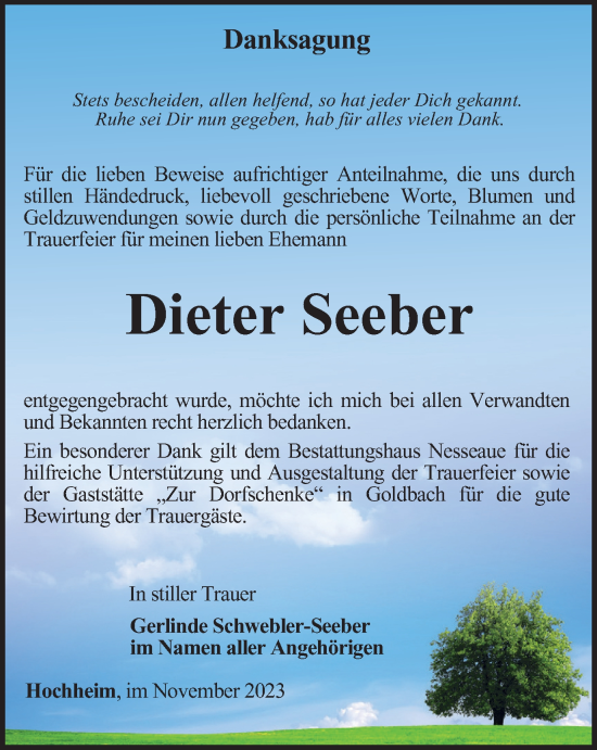Traueranzeige von Dieter Seeber von Thüringer Allgemeine, Thüringische Landeszeitung